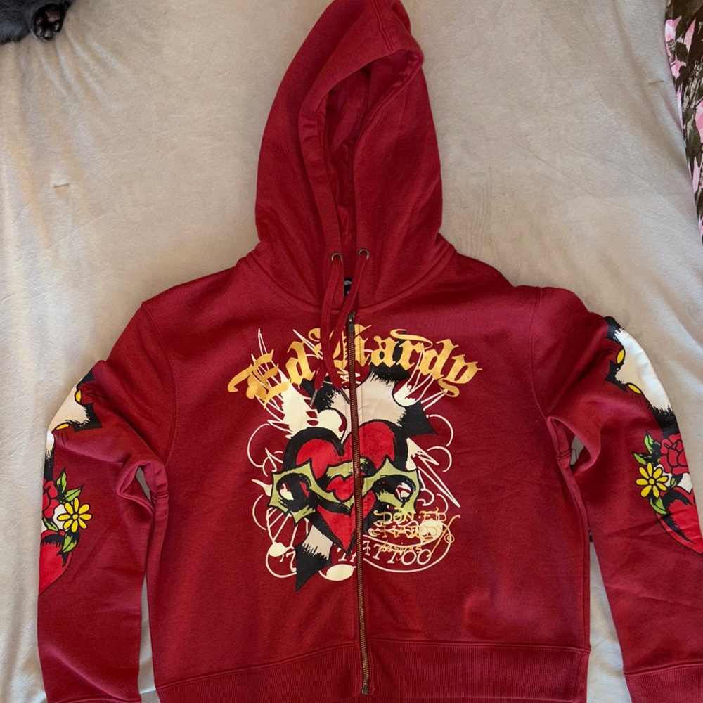 Ed Hardy Red CROPPED Hoodie with Graphic Design